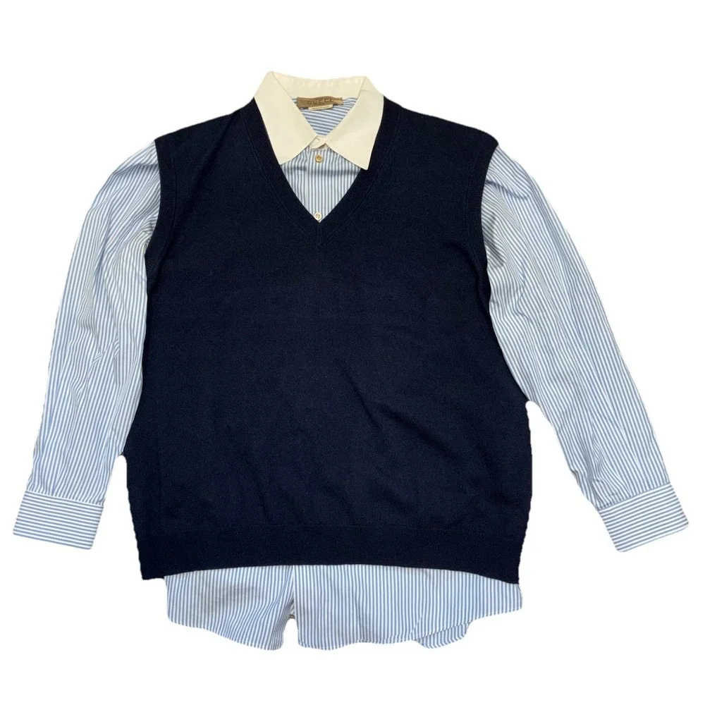 Gucci Shirt Men's 17.5 Blue Striped‎ And Vest 3XL Navy Wool Uniform Slim Fit NEW